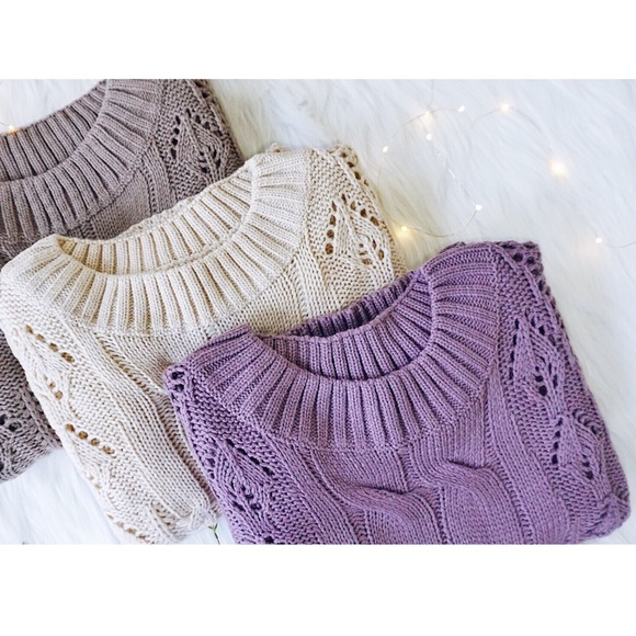 Purple Sweater, Cable Knit Sweater Puff Sleeve - Picture 3 of 8